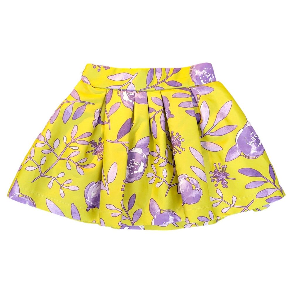 Mama Luma Girls Yellow Floral Pleated Skirt with Purple Accent